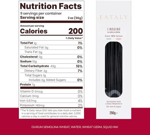 Eataly Italian Linguine with Squid Ink Pasta Noodles - 250g (8.8 oz.) Box -Authentic Durum Semolina Wheat - Made in Italy- Dried Pasta for Gourmet Dining, 1 Pack