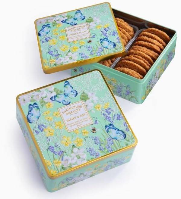 Farmhouse Biscuits, Spring Honey & Oat British Cookies in Decorative Tin, Imported, 10.5 oz