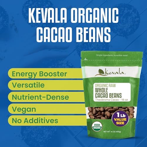 Kevala Organic Cacao Beans - Sun Dried Natural Beans for Brewing, Sugar Free Base for Homemade Chocolate, Nutritious Addition to Breakfasts and Drinks, Vegan Option with No Additives, 1 lb, 16 oz