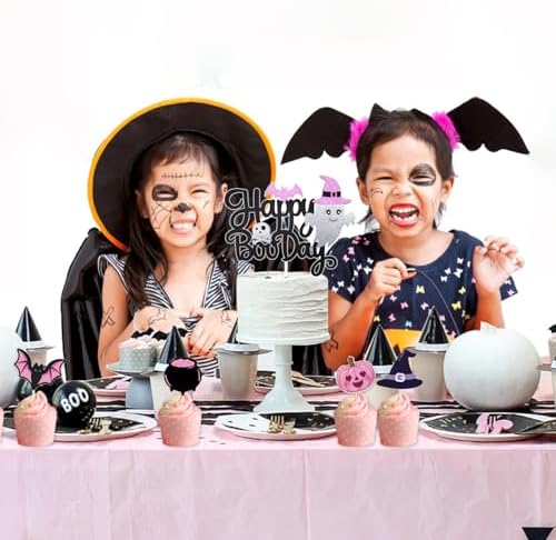 1Pcs Happy Halloween Cake Topper Black Glitter Happy Boo Day Cake Topper Castle Witch Pumpkin Ghost Bat Halloween Cake Decorations Cake Pick for Halloween Birthday Baby Shower Party Supplies