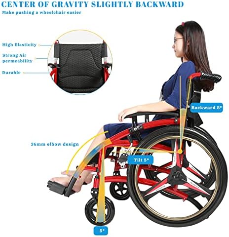 Lightweight Wheelchair for Adults, Ergonomic Sports Foldable Transport Wheelchair, Self-propelled Manual Wheel Chair with 24-inch Wheels and Comfortable Cushions
