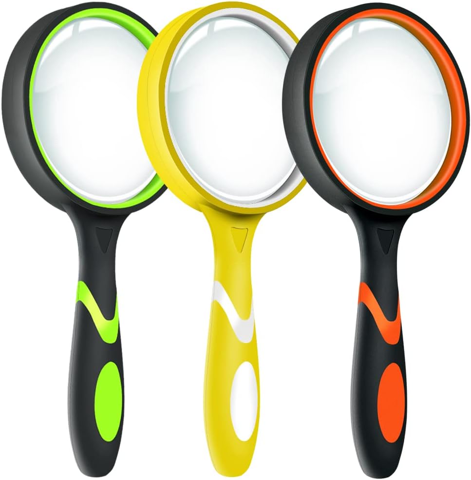 Leffis 3 Pack Magnifying Glass, 10X Non-Slip Handheld Reading Magnifier for Kids and Seniors, 75mm Magnifying Glass Lens for Reading, and Nature Exploration