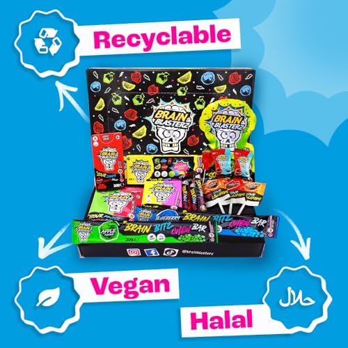 Brain Blasterz Sour Candy Snack Box – 15 Piece Sour Candy Variety Pack, Individual Wrapped Lollipops, Hard Candy, Chewy Candies & Sour Powder – Fun Gift for Easter, Halloween, Christmas & Birthdays