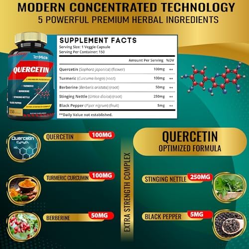 Quercetin Supplements Capsules - Supports Immune System & Heart Health, Antioxidants with Berberine, Stinging Nettle, Turmeric, Black Pepper - 150 Capsules - 5 Months Supply
