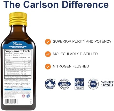 Carlson - The Very Finest Fish Oil, 1600 mg Omega-3s, Liquid Fish Oil Supplement, Norwegian Fish Oil, Wild-Caught, Sustainably Sourced Fish Oil Liquid, Lemon, 200ml, 6.7 Fl Oz