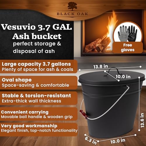 BLACK OAK Ash Bucket Vesuvio 3.7 GAL –black oval with lid & gloves –large 15L –fireproof galvanized steel & powder-coated ash & coal bucket –accessory for fireplaces, tiled stoves, wood-burning stoves