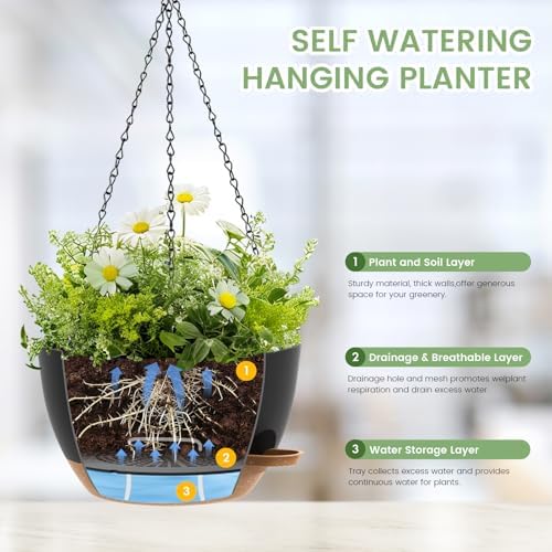 3 Pack 10 Hanging Flower Pots with Chains Self Watering Plastic Planters for Indoor Outdoor Plants, Sturdy Triangular Iron Chain Design for Garden PorchPlastic hanging flower pots (3, Black Brown)