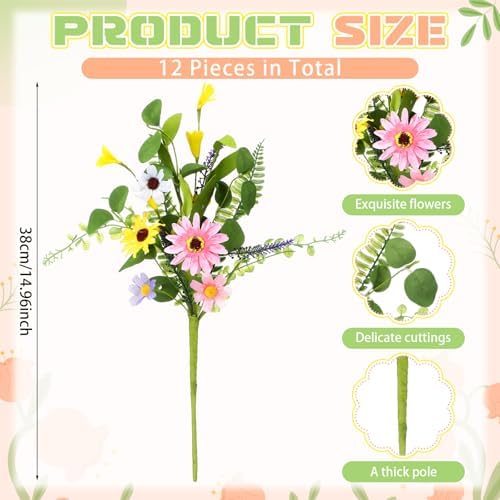 12 Bundles Wildflowers Artificial Flowers Outdoor Spring Fake Plastic Daisy Flowers Bouquets Fake Plants Vase Floral Arrangements Table Centerpiece for Wedding Home Decor(Bright Daisy)