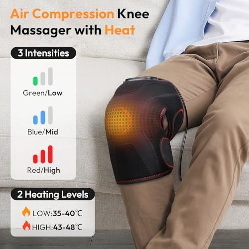 QUINEAR Air Compression Knee Massager with Heat, Knee Brace Wrap for Arthritis Pain Relief, Heating Pad for Knee for Circulation and Pain Relief,3 Modes & 3 Intensities