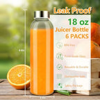 Zukro Glass Juice Bottles with Lids for Juicing 18 oz, Reusable Clear Glass Water Bottles with Stainless Steel Airtight Cap for Refrigerator, 100% Leak Proof Drinking Jar, BPA Free, Set of 6