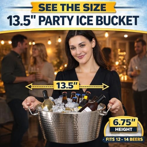 BREKX Hammered Stainless-Steel Beverage Tub, Double-Walled Insulated Anchored Drink Tub & Ice Bucket with Double Hinged Handles, Drink Chiller for Parties, 12 Quarts