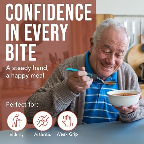 BUNMO Adaptive Utensils for Elderly, Arthritis, Weak Hand Grip, Tremors & Handicapped - Convenient Travel Pouch - 3.35oz Lightweight - Stainless Steel - Eat Independently - Adaptive Blue 4 Piece Set