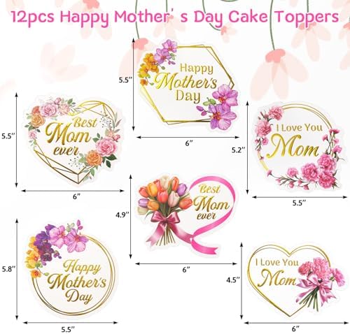 Happy Mother's Day Cake Topper Mothers Day Toppers 12 Pcs Cake Decoration Picks Sticks for Mom Mother Heart Flower Designs Gold Foil