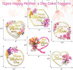 Happy Mother's Day Cake Topper Mothers Day Toppers 12 Pcs Cake Decoration Picks Sticks for Mom Mother Heart Flower Designs Gold Foil