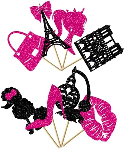 32pcs Princess Cupcake Toppers Paris Cupcake Toppers Glitter Hot Pink Girl Cupcake Picks Handbag High Heel Tour Eiffel Cake Decorations for Wedding Bridal Shower Baby Shower Birthday Party Supplies