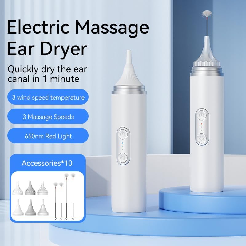 Ear Dryer - Rechargeable Ear Water Remover with 3 Massage and Wind Speed Modes - Electronic Warm Air Ear Care Device with Red Light - Suitable for Swimming, Showering, Water Sports