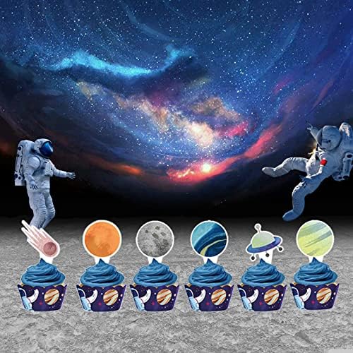 Cupcake Toppers 24PCS Cake Topper Outer Space Rocket Galaxy Universe Planets Cake Decorations Supplies Favors,Cake Picks For Kids Birthday Party Baby Shower