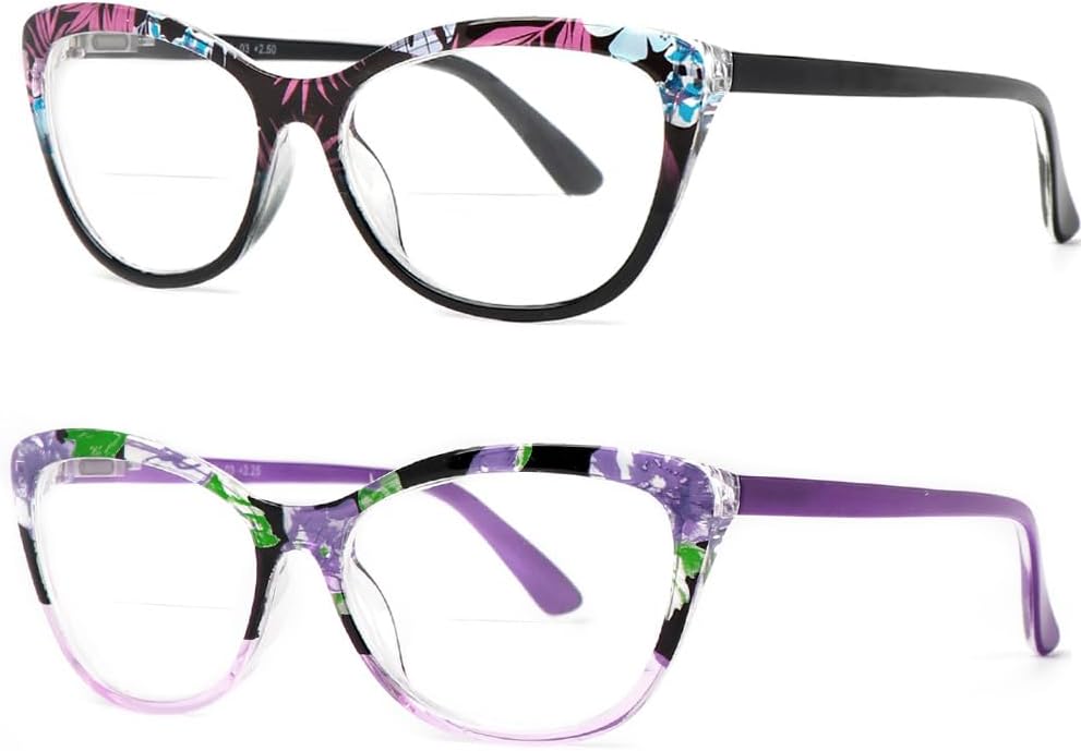 2 Pairs Cat-eye Bifocal Reading Glasses Women With Spring Hinge, Designer Floral Printed Frame Readers 2.0X