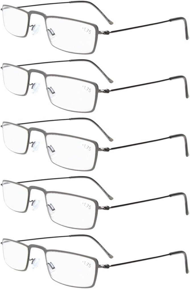 Eyekepper 5-Pack Straight Thin Stamped Metal Frame Half-eye Style Reading Glasses Readers Gunmetal +1.0