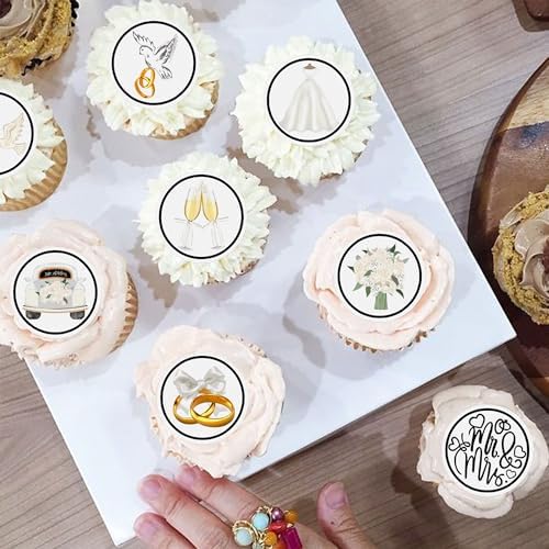 40pcs Edible Mr & Mrs Cupcake Toppers Ring Bridal Bouquet Wine Glass Pigeon Bride to Be Wedding Cupcake Picks for Bridal Shower Engagement Newly Married Happy Wedding Party Decorations