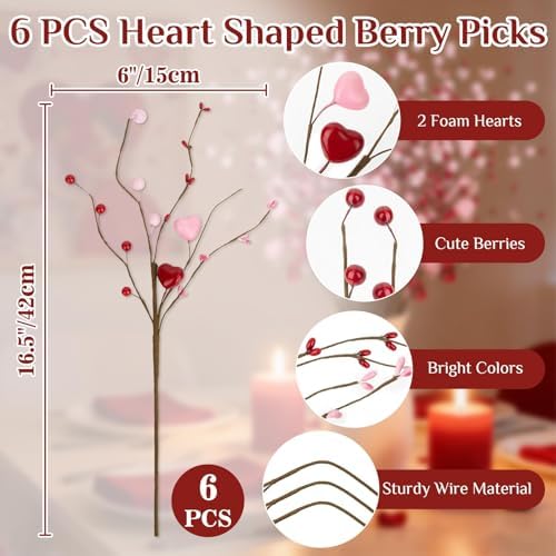 RAINFLOW 6PCS Artificial Red Berry Stems - 16.5" Heart Berry Picks for Vase, Mother's Day Floral Decor Anniversary Wedding Party Centerpieces Pink Spring Home Decor(No Vase)