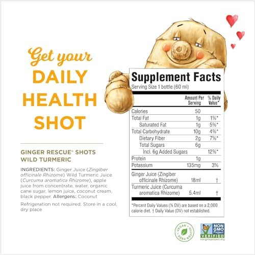The Ginger People Ginger Rescue Turmeric Shots - Immunity Boosting, Caffeine Free Energy, Digestive Heath, Turmeric, 2 Fl Oz (Pack of 12)