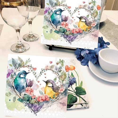 Generic 20-ct 6.5 x 6.5 inches 3-Ply Paper Napkins - Valentine's Day Napkins - White, Blue, Purple, Yellow, Pink, Multicolor - Loving Bird Couple Design
