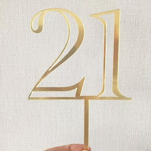 Gold Acrylic Number 21 Cake Topper, Happy 21st Birthday Cake Decoration, Twenty One Years Old Cake Pick Decoration For 21st Anniversary Celebrating Party Supplies, 6.4 inches (21)