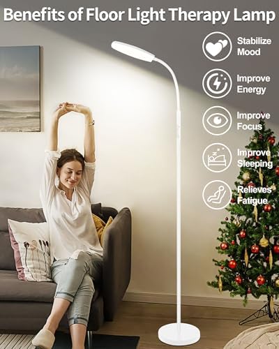 LanSuper Light Therapy Lamp, 10000 Lux UV-Free Happy Therapy Lamp, Full Spectrum Sunlight Lamp with Remote Control, Light Therapy Floor Lamp with 10 Color Temperature & 6 Brightness & Timer-White