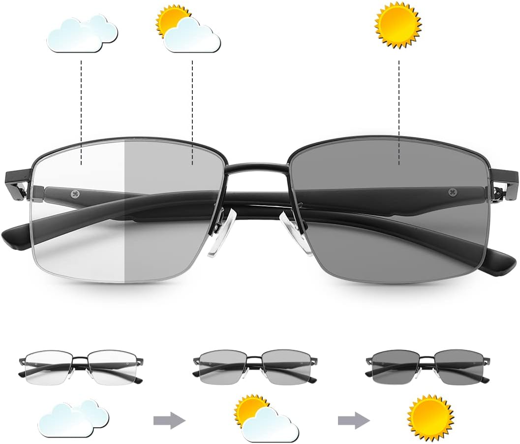 MIRYEA Photochromic Progressive Multifocus Reading Glasses Spring Hinges Transition UV400 Sunglasses Anti Glare Sun Readers
