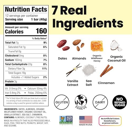 Bahamii Honey Cinnamon Date and Energy Bars, Healthy Snacks and Breakfast Bars for Kids and Adults, Paleo, Gluten Free, High Fiber, Dairy Free, Plant Based, Only 7 Ingredients, 12 Pack
