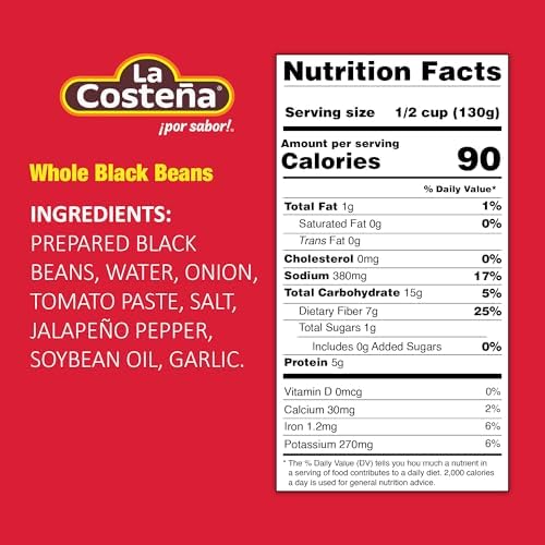 La Costeña Whole Black Beans - Ready-to-Eat Canned Black Beans for Mexican Food, Vegetarian Chili Ingredients, Frijoles Negros, Hummus, Dips, Burgers & Burritos - 19.75oz, 1 Pack Bulk Canned Food