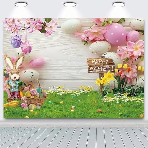 8x6ft Spring Happy Easter Photo Backdrops for Studio Baby Shower Party Portrait Banner Photography Bunny Rabbit Garden Grass Rustic Wood Background Flowers Grass Easter Eggs Props