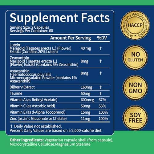 Lutein 40mg & Zeaxanthin 8mg Eye Vitamins, with Astaxanthin, Bilberry, Taurine, Vitamins A C E Zinc, Blue Light & Macular Support, 120 Veggie Capsules