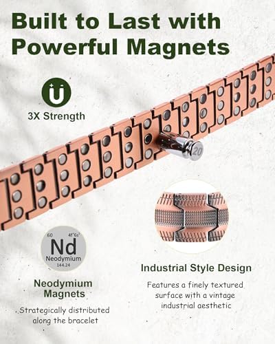MagEnergy Copper Bracelet for Men, 3X Strength Magnetic Bracelet with 99.99% Pure Copper Ring & 3500 Gauss Magnets, Adjustable Length with Sizing Tool