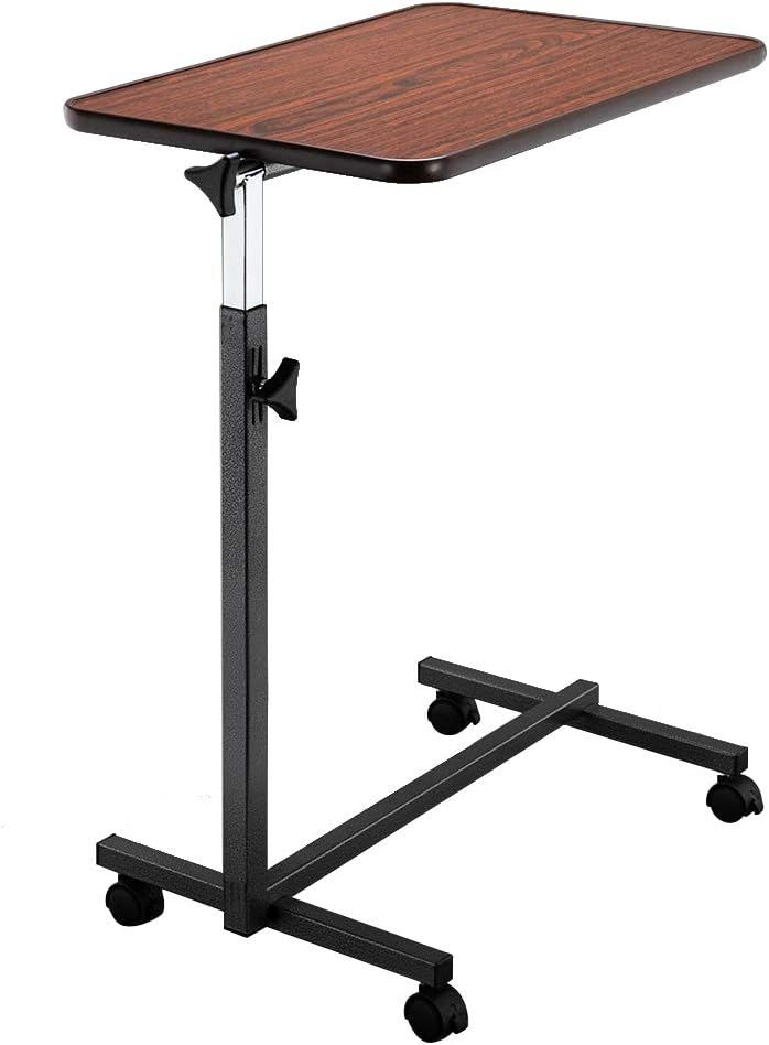 Tilting Overbed Table, Multifunctional Adjustable Bedside Table,Medical Adjustable Overbed Bedside Table with Wheels & Brake for Hospital and Home Medical Use (Dark Wood Grain Color)
