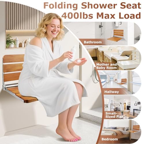 16 Inch Foldable Shower Seat Wall Mounted, Folding Shower Bench for Small Shower Spaces, 400lbs Max Load for Inside Shower, Foldable Chair for Seniors Adults,304 Stainless Steel