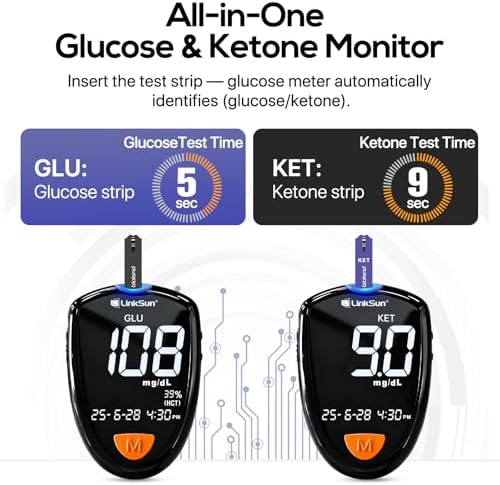 M26-K Blood Glucose & Ketone Testing Kit, 35 Safety Lancets, 25 Glucose Strips, 10 Ketone Strips, Travel Case, Glucose Control Solution, 2-IN-1 Glucose Ketone Meter, Home Use, No Coding, Large Display