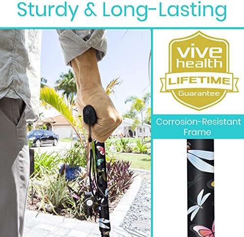 Vive Folding Cane - Foldable Walking for Men, Women Fold-up, Collapsible, Lightweight, Adjustable, Portable Hand Stick Balancing Mobility Aid Sleek, Comfortable (Black Butterfly)