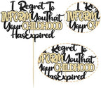 Ephlyn 1Pcs 18th Birthday Cake Topper Black Gold Glitter I Regret to Inform You That Your Childhood Has Expired Cake Pick for Funny 18th You are an Adult Birthday Party Cake Decorations Supplies