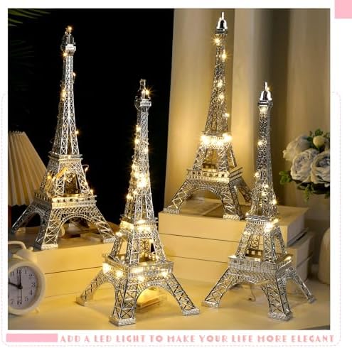Therwen 6 Pcs 15'' Eiffel Tower Statue Decor Alloy Metal Paris French Eiffel Tower Model Collectible Figurine Paris Craft Art Statue Model Party Decoration Gift for Cake Topper(Silver)