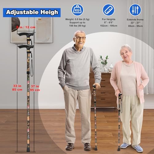 MFE Folding Cane, Portable 5-Level Adjustable Height Walking Stick with Foldable Design, Wrist Strap, and T Handle for Men and Women