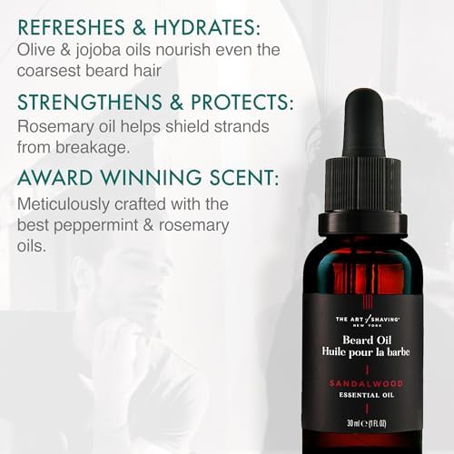 The Art of Shaving Beard Oil – Tames & Moisturizes Beard & Mustache Hair Leaving a Healthy Shine with a Non Greasy Finish – Award-Winning Sandalwood Scent, 1 oz