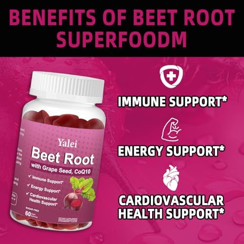 Beet Root Gummies for Blood Pressure | Sugar-Free | Beetroot Supplement with 1000 mg Beet Root, 1000 mg Grape Seed Extract & 200 mg CoQ10 | Vegan Non-GMO | Strawberry Flavor