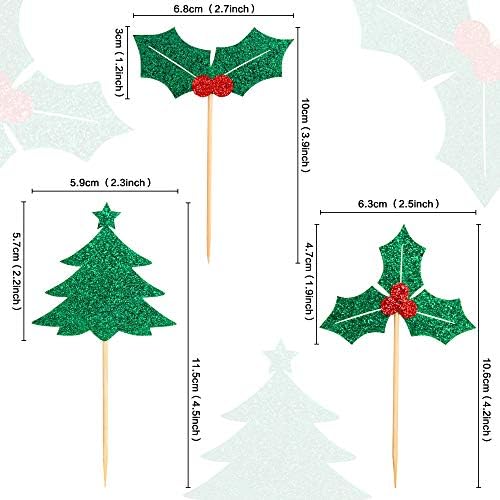 Ercadio 36 Pack Christmas Holly Leaves and Berries Cupcake Toppers Xmas Tree Cupcake Picks Christmas Eve Party Cake Decorations Supplies