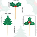 Ercadio 36 Pack Christmas Holly Leaves and Berries Cupcake Toppers Xmas Tree Cupcake Picks Christmas Eve Party Cake Decorations Supplies