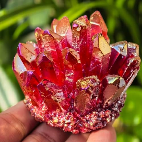 Crystal Cluster Electroplate Natural Quartz Mineral Specimen for Home Decor,Reiki Healing, February Birthstone Gift (red)