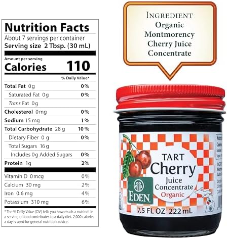 Eden Organic Montmorency Tart Cherry Juice Concentrate, 68 Brix, No Artificial or Refined Sugars, Michigan Cherries, 7.5 Fl Oz