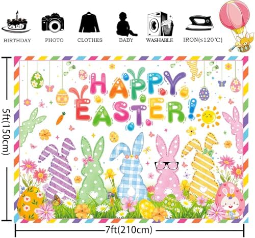 7x5ft Happy Easter Backdrop Cute Easter Bunny Style Colorful Egg Partyfor Photography Spring Party Banner Wall Background Home Party Supplies