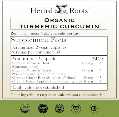 Herbal Roots - Turmeric Curcumin Capsules - Extra Strength - 1000mg Pure Organic Turmeric Supplement, 95% Standardized Curcumin Extract with BioPerine Pepper and Ginger